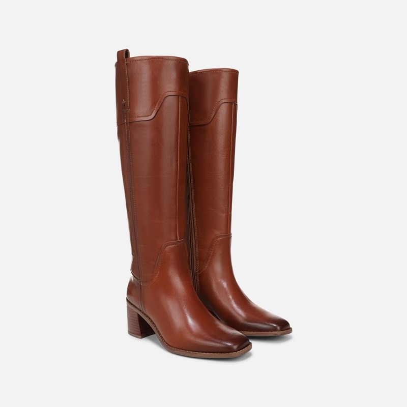 27 EDIT Emmie Wide Calf Knee High Boots, Cider Spice Brown Leather, 6.5M Block Heels, Zip Closure, Rubber Outsole