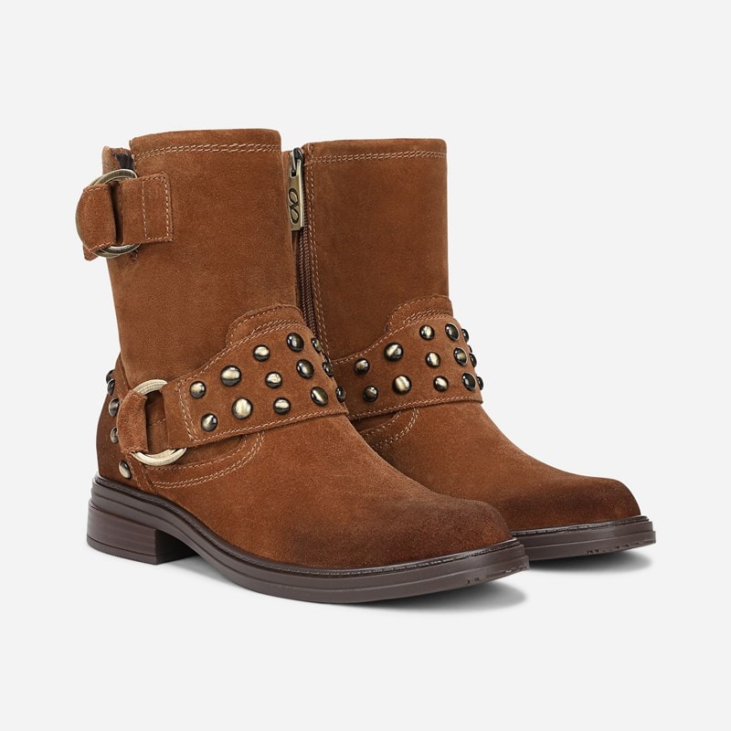 Naturalizer Optimus Moto Boots, Dark Chestnut Studded Suede Leather, 9.5W Round Toe, Block Heels, Zip Closure