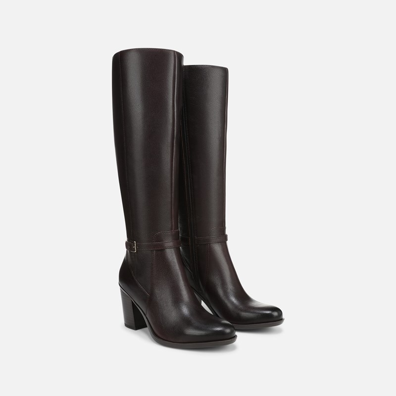 Naturalizer Kalina Wide Calf Knee High Boots, Dark Brown Leather, 9.0 2W Almond Toe, Block Heels, Zip Closure, Non-Slip Outsole