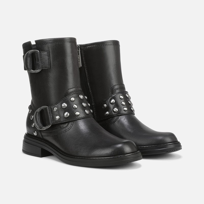 Naturalizer Optimus Moto Boots, Black Studded Leather, 8.0W Round Toe, Block Heels, Zip Closure