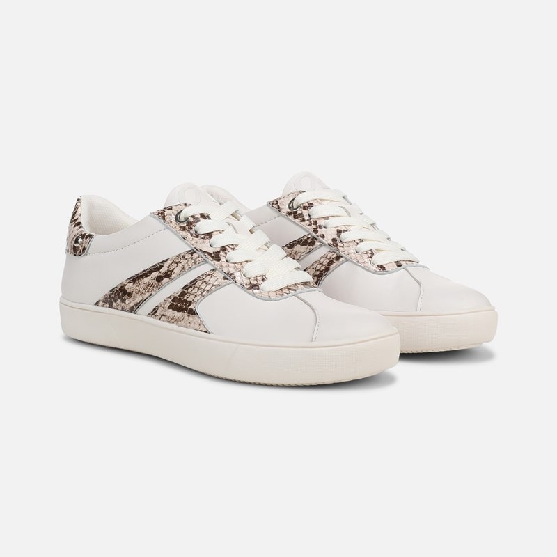 Naturalizer Medina Lace Up Sneaker Shoes, White/beige Snake Leather, 6.0M Round Toe