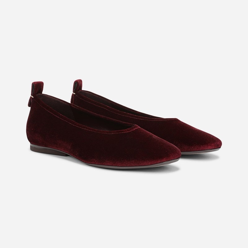 27 EDIT Carla Ballet Flat Shoes, Cabernet Sauvignon Red Velvet Leather, 6.5M Slip-On Fit, Rubber Outsole