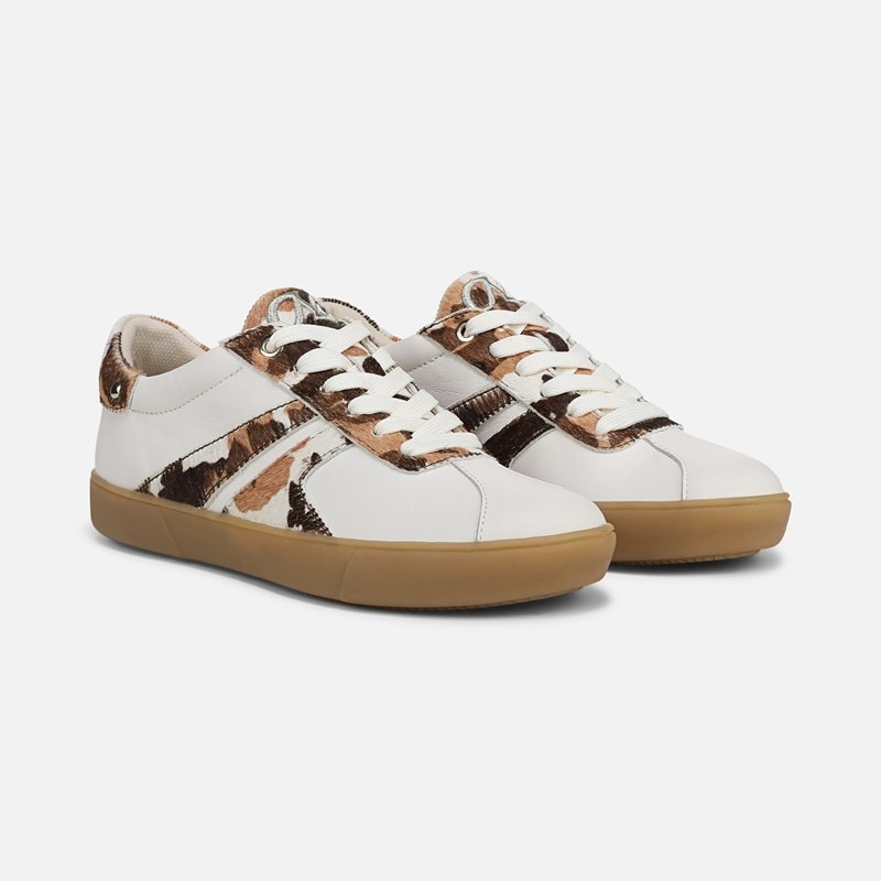 Naturalizer Medina Lace Up Sneaker Shoes, White/brown Cow Print Leather, 8.5M Round Toe