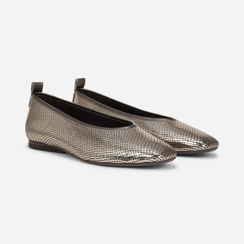 27 EDIT Carla Ballet Flat Shoes, Pewter Silver Snake Leather, 5.5M Slip-On Fit, Rubber Outsole