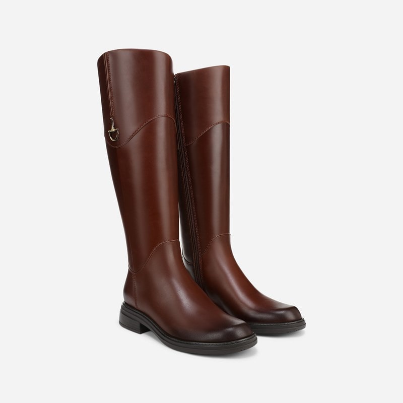 27 EDIT Oslo Riding Boots, Rich Cognac Brown Leather, 10.0M Round Toe, Block Heels, Zip Closure, Rubber Outsole