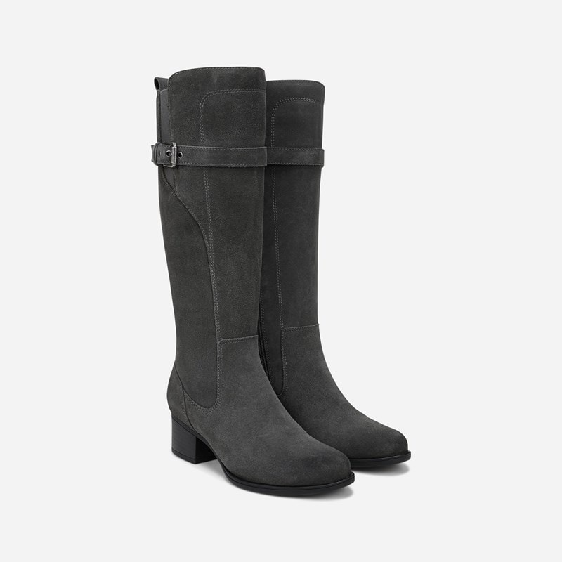 Naturalizer Kenna Wide Calf Knee High Boots, Grey Suede Leather, 6.5M Round Toe, Block Heels