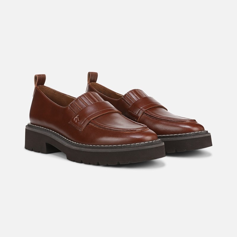 Naturalizer Shawna Platform Loafer Shoes, Rich Cognac Brown Leather, 9.5M Slip-On, Almond Toe