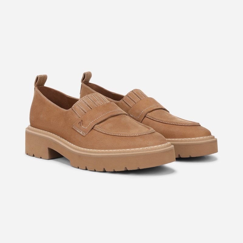 Naturalizer Shawna Platform Loafer Shoes, Golden Caramel Brown Leather, 12.0M Slip-On, Almond Toe