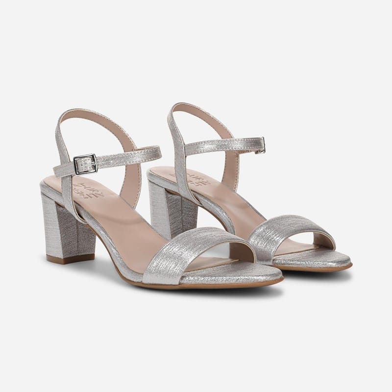 Naturalizer Bristol Dress Sandals, Soft Silver Faux Leather Satin, 6.5M Strappy Style, Open Toe, Block Heels