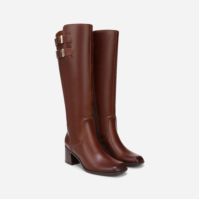 27 EDIT Idris Knee High Boots, Rich Cognac Brown Leather, 7.5W Block Heels, Zip Closure, Rubber Outsole