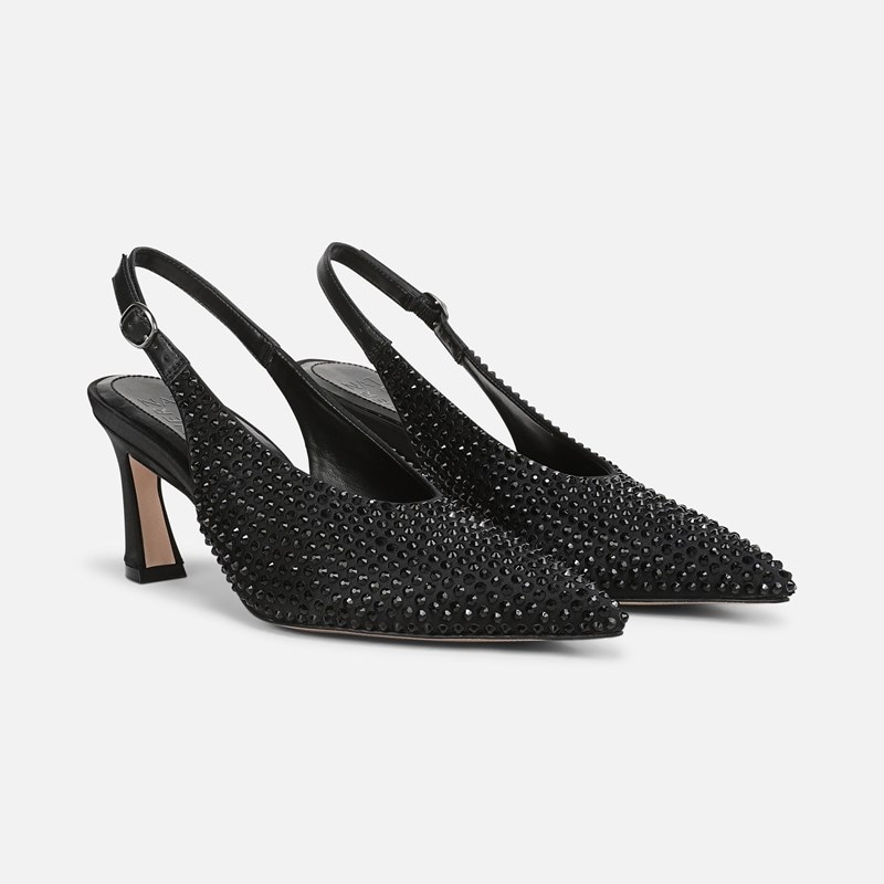 27 EDIT Elaine Slingback Dress Shoe Shoes, Black Sparkle Satin, 7.5W Strap, Rubber Outsole