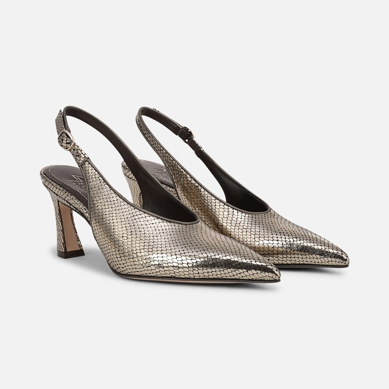 27 EDIT Elaine Slingback Dress Shoe Shoes, Pewter Snake Print Leather, 6.0M Strap, Rubber Outsole