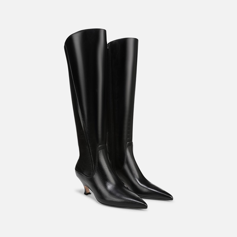 27 EDIT Pepper Knee High Boots, Black Leather, 8.5M 3-Inch Heels, Pointed Toe, Zip Closure, Rubber Outsole