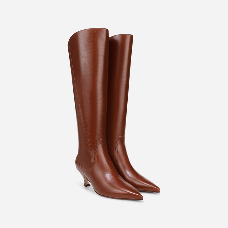 27 EDIT Pepper Wide Calf Knee High Boots, Caramel Brown Leather, 7.5M 3-Inch Heels, Pointed Toe, Zip Closure, Rubber Outsole