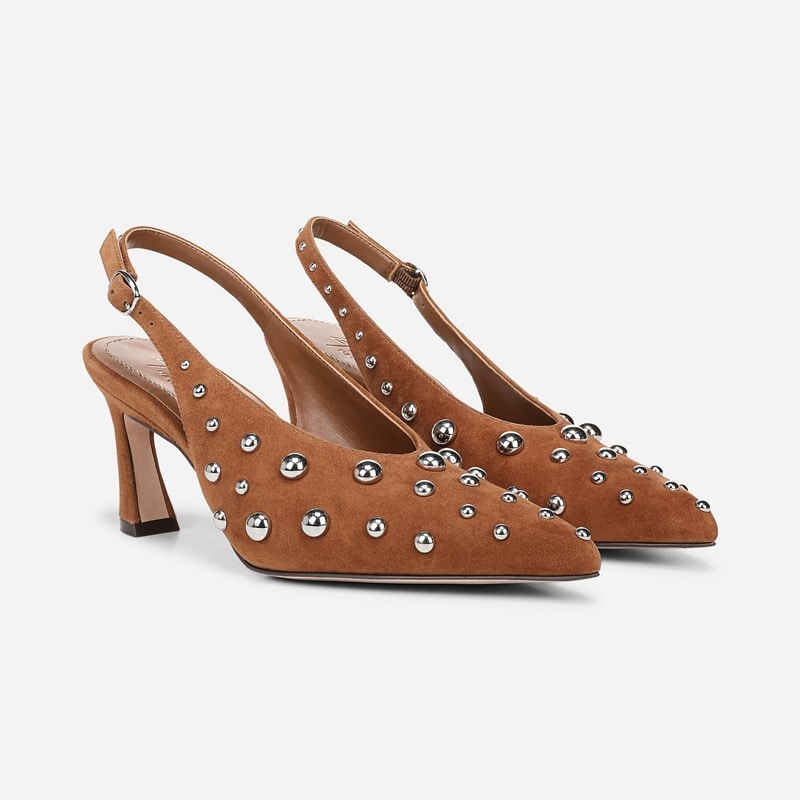 27 EDIT Elaine Slingback Dress Shoe Shoes, Dark Chestnut Studded Leather, 7.0W Strap, Rubber Outsole