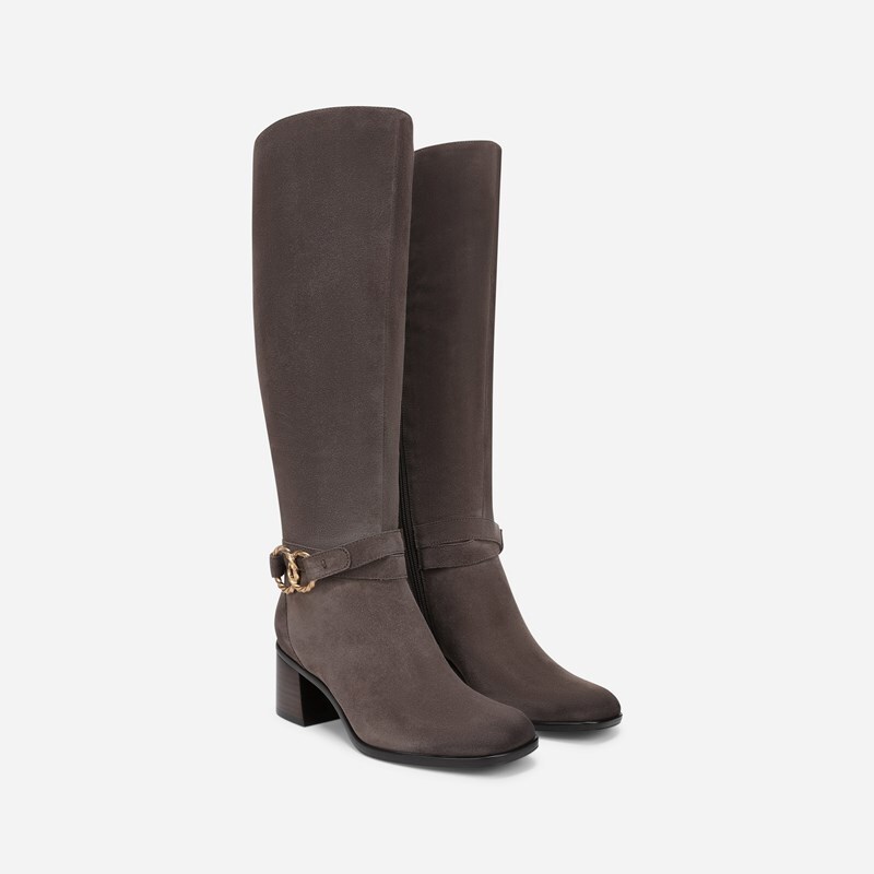 Naturalizer Isabeau Knee High Boots, Taupe Grey Suede Leather, 7.5W Block Heels, Zip Closure