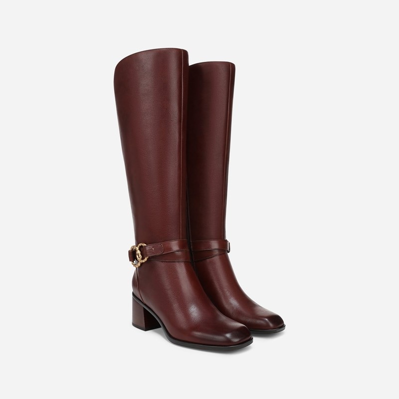 Naturalizer Isabeau Knee High Boots, Cognac Brown Leather, 8.0W Block Heels, Zip Closure