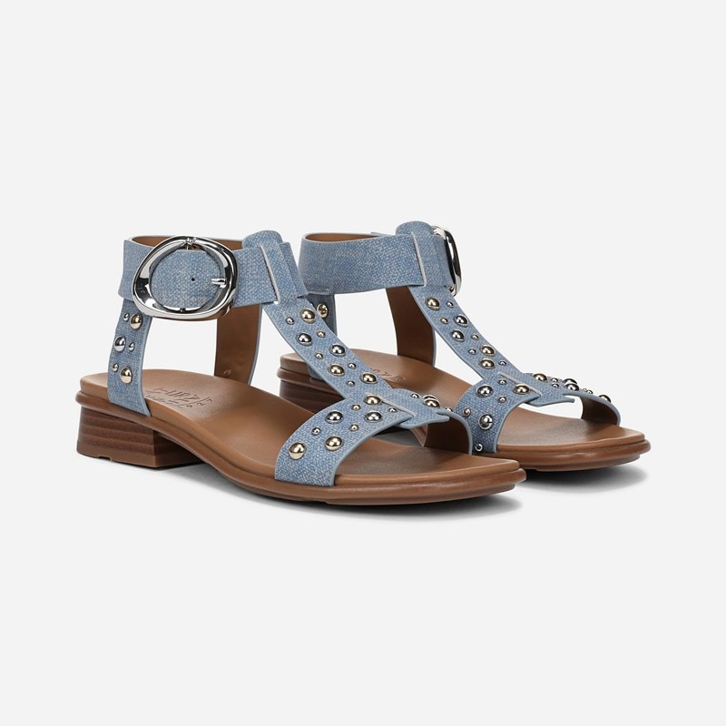 Naturalizer Brandy Sandals, Denim Blue Studded Nubuck, 6.0M Strappy Style, Open Toe, Block Heels