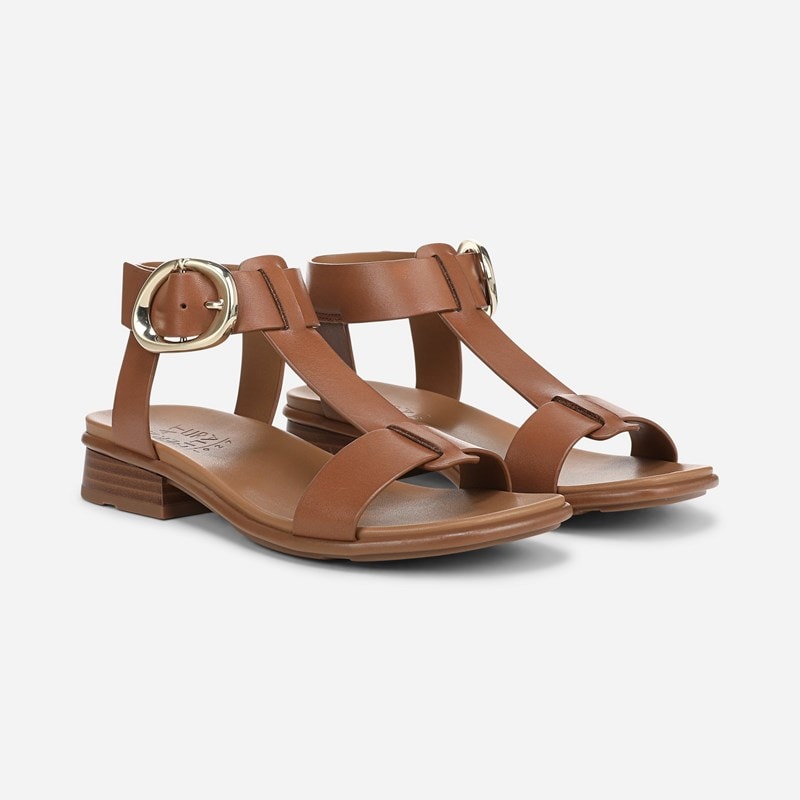 Naturalizer Brandy Sandals, English Tea Brown Leather, 9.5M Strappy Style, Open Toe, Block Heels