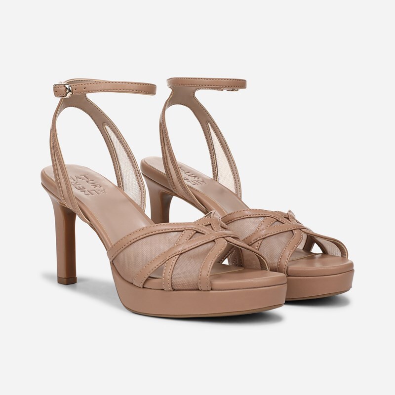 Naturalizer Adara Dress Sandals, Taupe Beige Mesh Faux Leather, 7.0M Strappy Style, Open Toe, Ankle Strap