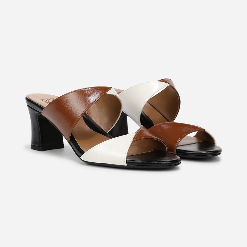 Naturalizer Nessa Slide Sandals, White / Brown Faux Leather, 9.0M Slip-On, Open Toe