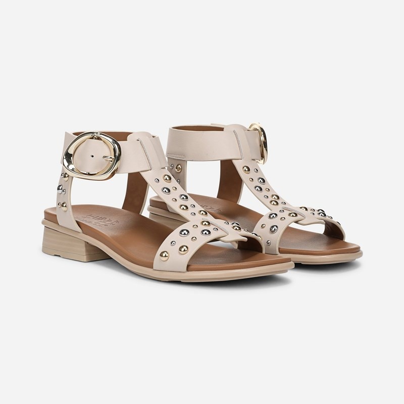 Naturalizer Brandy Sandals, Ivory Beige Leather, 12.0W Strappy Style, Open Toe, Block Heels