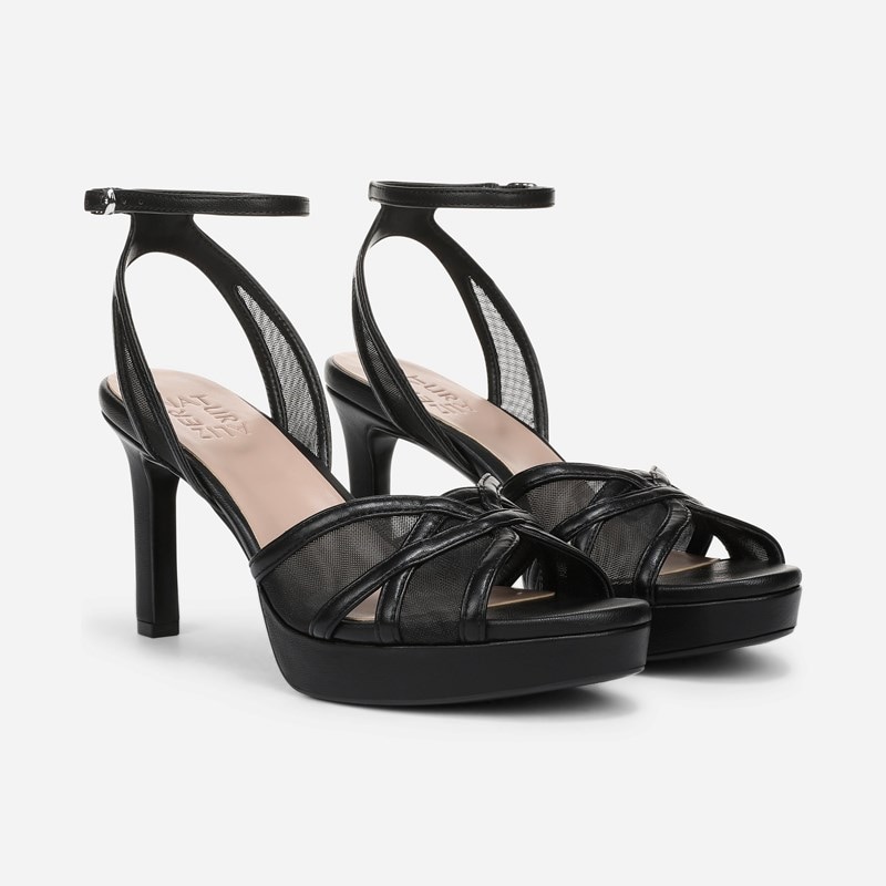 Naturalizer Adara Dress Sandals, Black Mesh Faux Leather, 7.0M Strappy Style, Open Toe, Ankle Strap