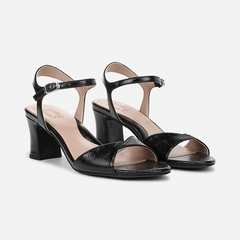 Naturalizer Nyla Dress Sandals, Black Textured Faux Leather, 9.5W Strappy Style, Open Toe, Ankle Strap