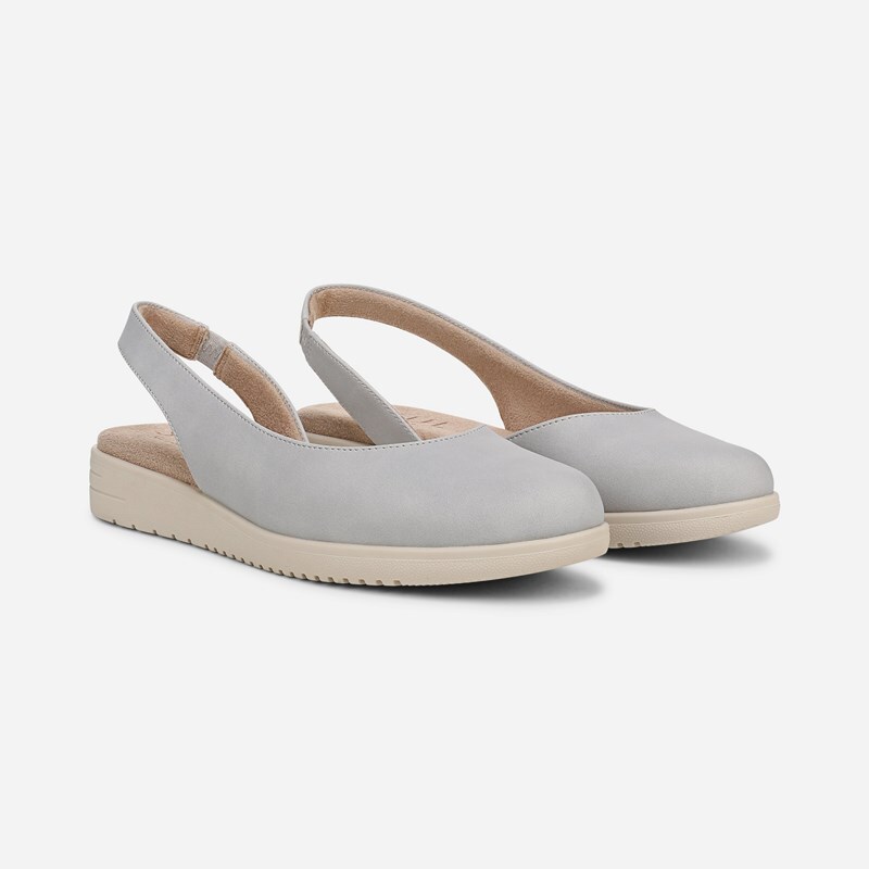 Soul Idea d'Orsay Flat Wedges, Lunar Stone Grey Faux Leather, 9.5M Round Toe, Slingback Strap