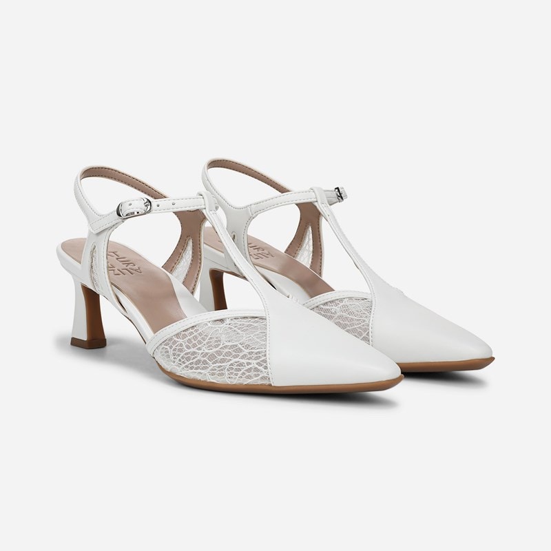 Naturalizer Torin Slingback Dress Shoe Shoes, White Satin Lace Faux Leather, 9.5W Pointed Toe, Strap