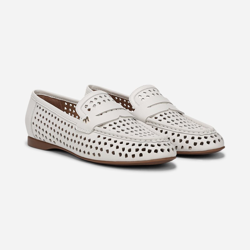 Naturalizer Bloom Loafer Shoes, White Perforated Leather Suede, 10.0W Slip-On, Round Toe, Block Heels