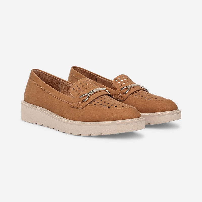 Naturalizer Elin Loafer Shoes, Brown Perforated Faux Leather, 9.5W Slip-On, Almond Toe