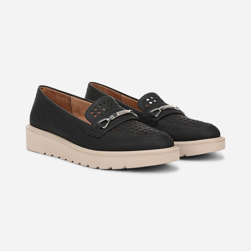 Naturalizer Elin Loafer Shoes, Black Perforated Faux Leather Microfiber, 8.0W Slip-On Fit, Almond Toe