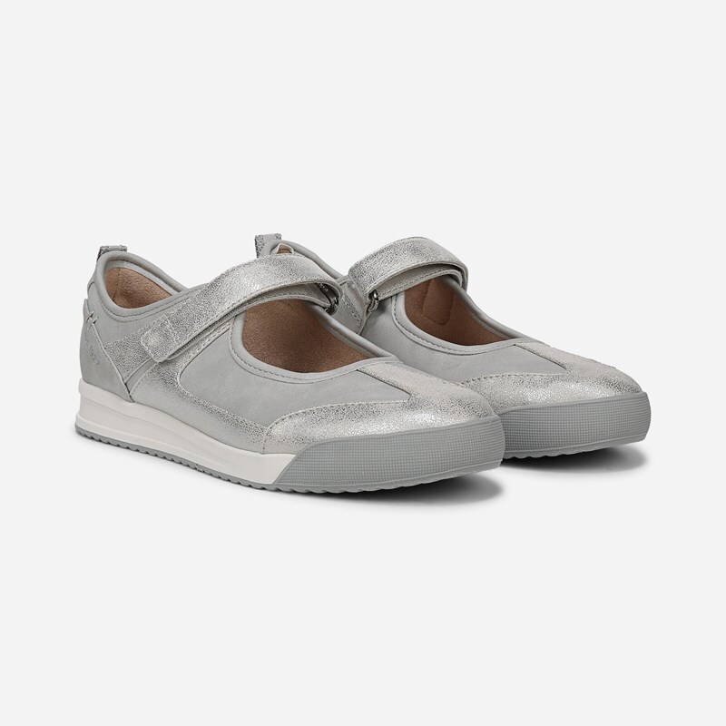 Naturalizer Greta Ballet Sneaker Mary Jane Style Shoes, Grey / Silver Faux Leather Fabric, 12.0M Slip-On, Round Toe