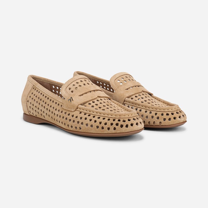 Naturalizer Bloom Loafer Shoes, Dune Tan Perforated Suede, 7.0W Slip-On, Round Toe, Block Heels