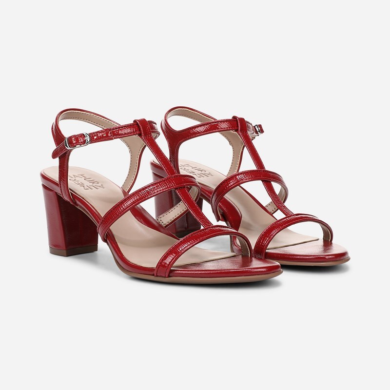 Naturalizer Bristol-Cage Strappy Dress Sandals, Hearts Flame Red Faux Leather, 9.5W Open Toe, Block Heels