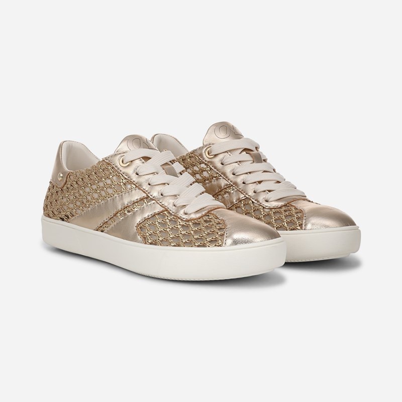 Naturalizer Medina Lace Up Sneaker Shoes, Gold Metallic Faux Raffia Leather, 7.5M Round Toe
