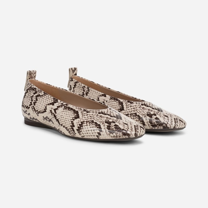 27 EDIT Carla Ballet Flat Shoes, Beige Snake Print Leather, 7.0W Slip-On Fit, Rubber Outsole