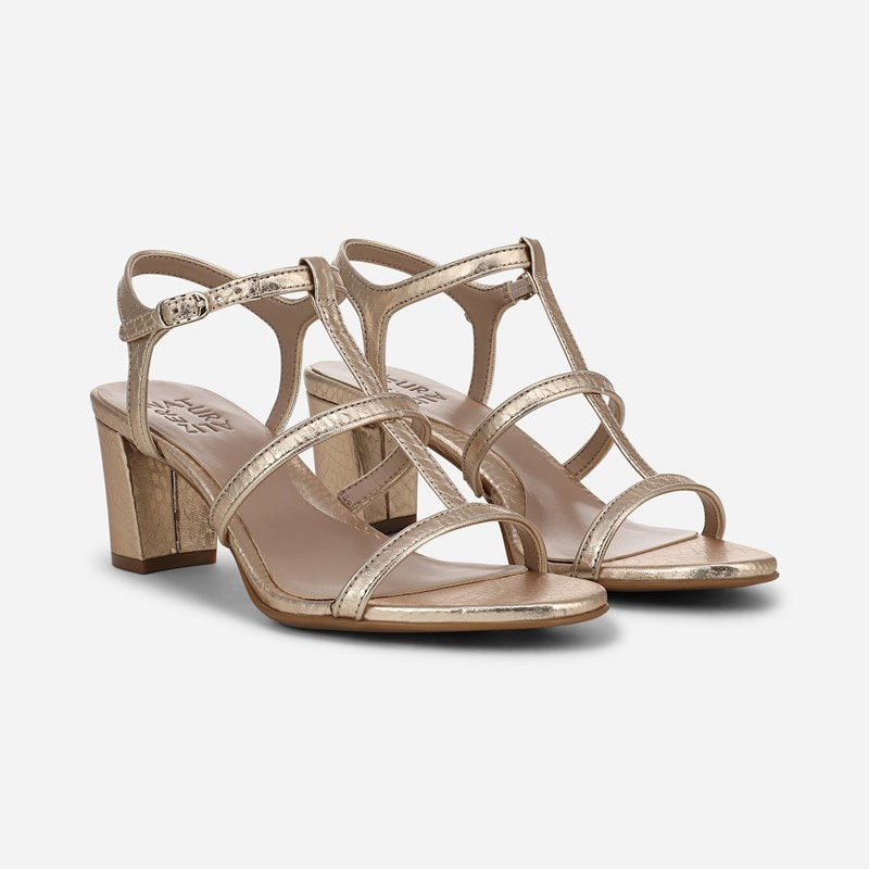 Naturalizer Bristol-Cage Strappy Dress Sandals, Champagne Snake Faux Leather, 6.0M Open Toe, Block Heels