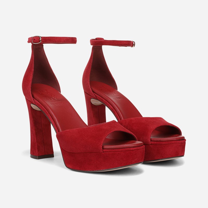 27 EDIT Delphie Dress Sandals, Hearts Flame Red Suede Satin, 10.0W Almond Toe, Ankle Strap, Rubber Outsole
