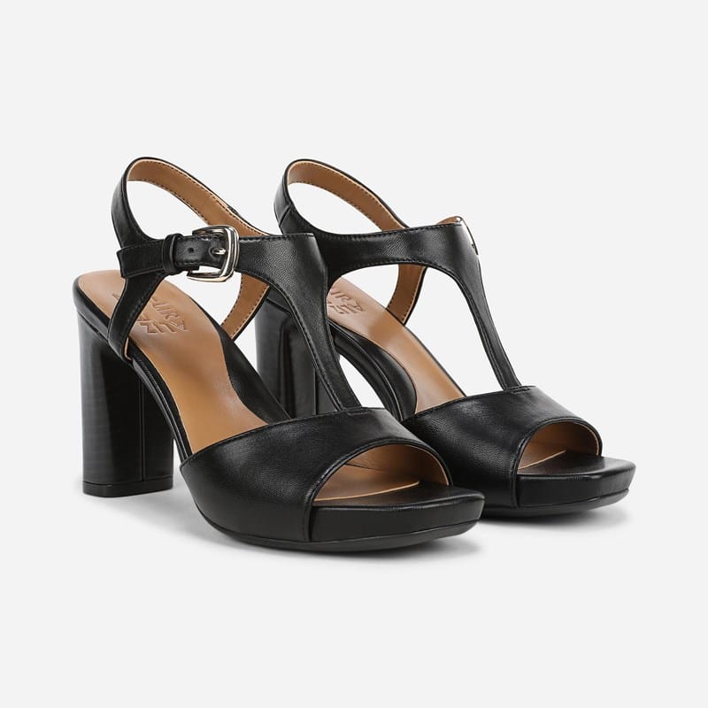 Naturalizer Marlowe Dress Sandals, Black Faux Leather, 11.0M Open Toe, Block Heels, Ankle Strap