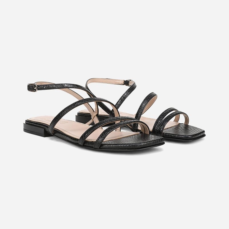 27 EDIT Nillie Slingback Flat Sandals, Black Snake Print Faux Leather, 9.5M Open Toe, Strap