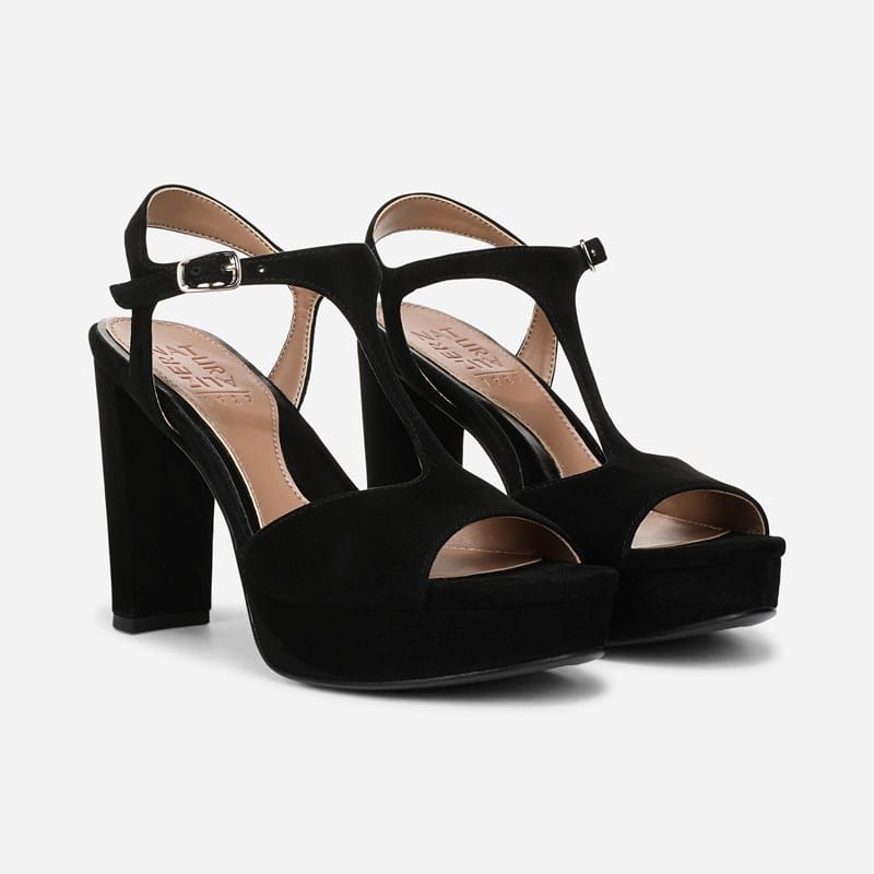 Naturalizer Miller Dress Sandals, Black Suede Leather, 6.0M Open Toe, Platform Heel, Ankle Strap