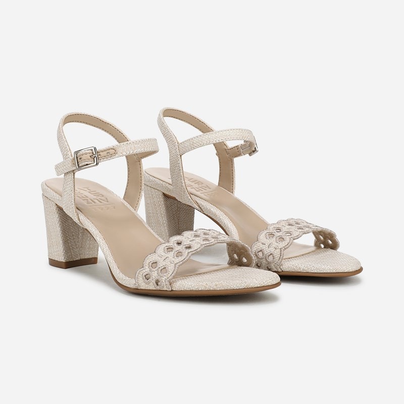Naturalizer Bristol Dress Sandals, Eggshell White Faux Raffia Leather, 6.0W Almond Toe, Block Heels, Non-Slip Outsole