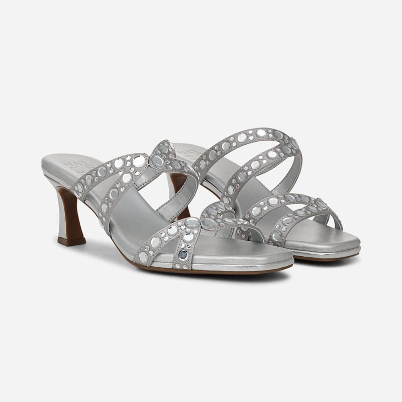 Naturalizer Kimi Slide Sandals, Silver Satin, 7.0M Slip-On, Open Toe