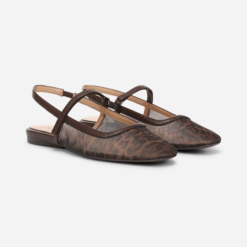 Naturalizer Connie Mary Jane Slingback Flat Shoes, Brown Leopard Print Mesh Leather, 8.0W Strap