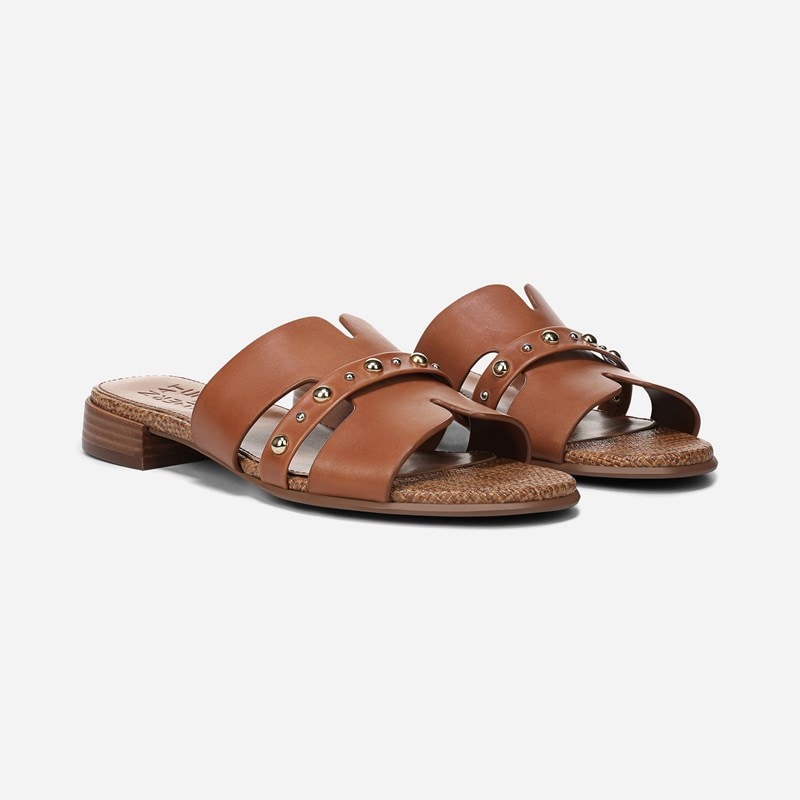 Naturalizer Niche Slide Sandals, English Tea Brown Leather, 11.0M Slip-On, Open Toe, Block Heels