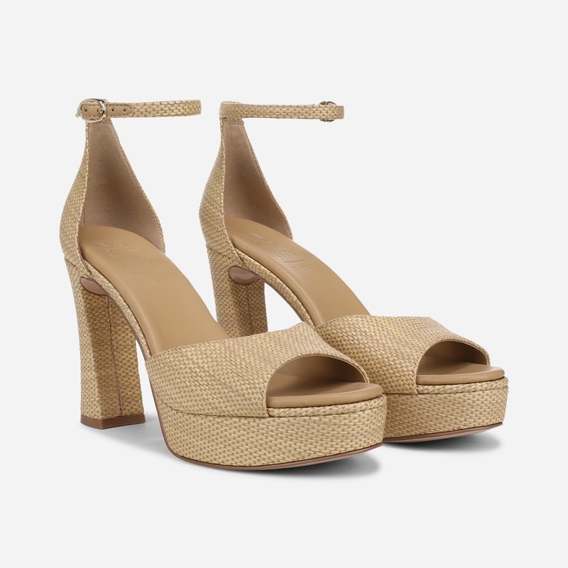 27 EDIT Delphie Dress Sandals, Natural / Dune Tan Faux Raffia Satin, 8.5W Almond Toe, Ankle Strap, Rubber Outsole