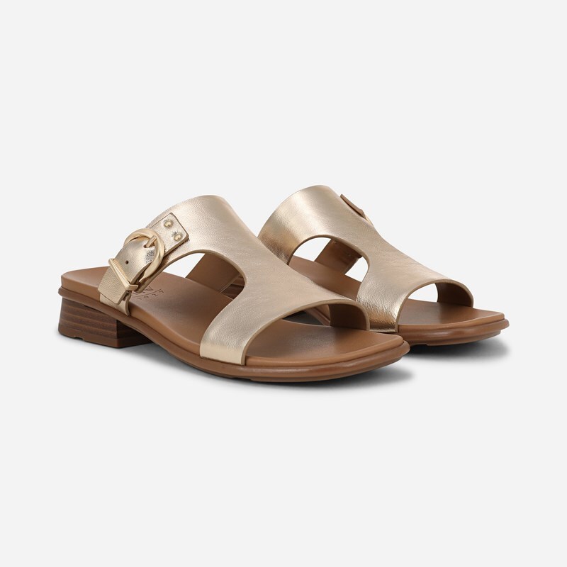 Naturalizer Beach Slide Sandals, Champagne Metallic Leather, 7.0W Slip-On, Open Toe, Block Heels