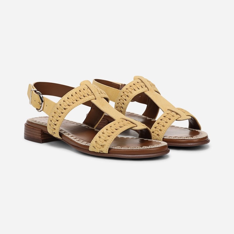 Naturalizer Nia Sandals, Beehive Yellow Suede Leather, 10.5M Open Toe, Block Heels, Slingback Strap